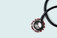 Stethoscope with a coronavirus cell underneath banner