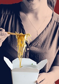 Woman eating a box spaghetti