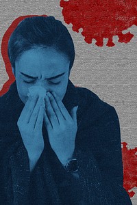 Sneezing woman with coronavirus symptoms background