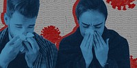 Sneezing couple with coronavirus symptoms background