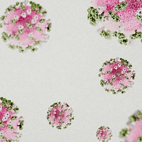 Pink and green novel coronavirus under the microscope on a white background social ad