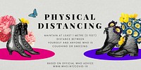 Advice on physical distancing by WHO and vintage pairs of shoes illustration vector banner