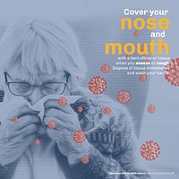 Coronavirus infected senior woman sneezing in a tissue paper social template vector