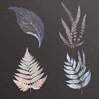 Holographic leaves vector set on brown background