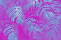 Pink and blue monstera leaf halftone style background illustration