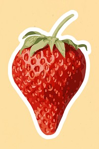 Vectorized strawberry fruit sticker overlay with a white border on a beige background