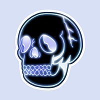 Glowing indigo neon skull sticker with a white border
