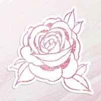 Pink holographic rose sticker overlay with a white border