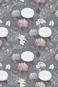 Hand drawn desaturated flower pattern on a gray background
