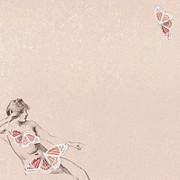 Sitting female nude figure with butterflies on peach background