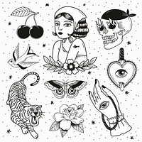 Black & white tattoo element psd set