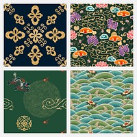 Chinese art vector oriental seamless background set