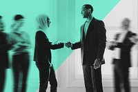 Hijab businesswoman shaking hands green background