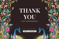 Editable social banner template vector with watercolor peacocks and flowers on dark background with thank you for subscribing text