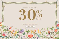 Editable sale banner template vector with watercolor peacocks and flowers on beige background with 30% off