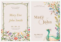 Editable invitation card templates vector with watercolor peacocks and flowers illustration