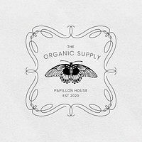 Vintage butterfly branding linocut psd editable template