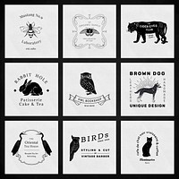 Vintage animal logo linocut vector set editable template