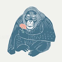 Vintage blue orangutan vector linocut style illustration