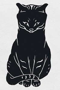 Vintage black cat psd linocut stencil clipart