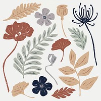 Vintage colorful blooming flowers vector linocut drawing collection