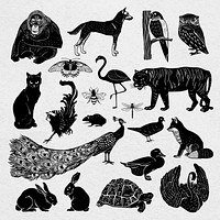Animals vector black linocut stencil pattern drawing collection