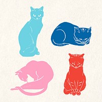 Retro cats vector colorful linocut collection