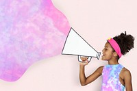 Girl holding megaphone giving speech on pink holographic background