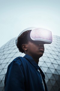 Man wearing VR headset outdoor futuristic technology