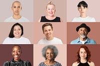 Diverse happy people closeup portrait on brown background collection