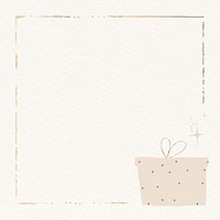 Festive gift box psd gold frame plain beige background for social media post