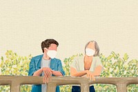 Couple with mask background vector in the new normal color pencil illustration