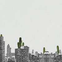 Creative background psd of grayscale cityscape and cacti remixed media design space