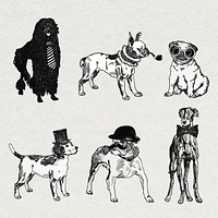 Vintage dog stickers vector in black and white illustrations set, remixed from artworks by Moriz Jung