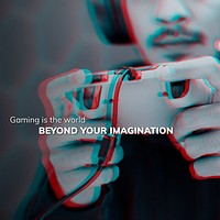 Imaginative gaming world template vector with editable text in double color exposure effect