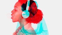 Woman listening to music in double color exposure effect