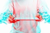 Architect using transparent tablet smart construction technology in double color exposure effect