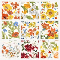 Colorful flower seamless pattern vector set compatible with AI, remixed from public domain artworks