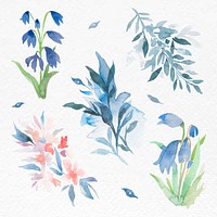 Winter leaves set watercolor vector blue seasonal graphic