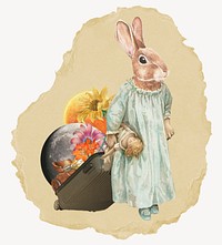 Easter rabbit illustration, ripped paper collage element