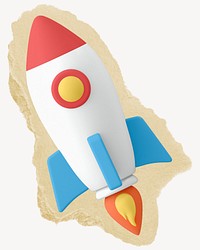 3D rocket, ripped paper collage element 