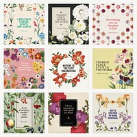 Flower quote Instagram post templates set vector, remixed from original artworks by Pierre Joseph Redouté