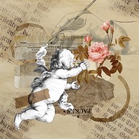 Vintage aesthetic ephemera collage, mixed media background featuring cherub and flower