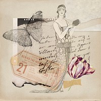 Vintage aesthetic ephemera collage, mixed media background featuring flapper and butterfly
