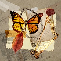 Vintage aesthetic ephemera collage, mixed media background featuring butterfly and harp