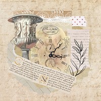 Vintage aesthetic ephemera collage, mixed media background featuring goblet and clock