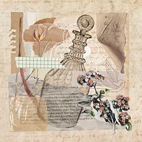 Vintage aesthetic ephemera collage, mixed media background featuring perfume bottle and flower