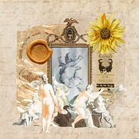 Vintage aesthetic ephemera collage, mixed media background featuring people and flower