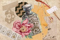 Vintage aesthetic ephemera collage, mixed media background featuring perfume bottle and flower