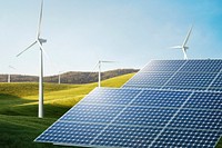 Solar panels & wind turbines, clean energy technology psd